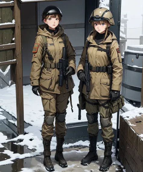  Two female soldiers wearing beige military parkas and military pants、Parkas over the knee 、Wearing tactical helmets  、Magazine Pouch、Tactical shoulder strap、Guns in their hands 、Standing side by side， snowy military base ， masterpiece、  are of the best qu...