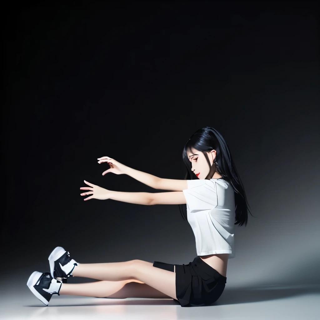 full body photo of a young lady with black hair. wears Black t-shirt and black mini skirt. black sneaker. pure gray gradient background.