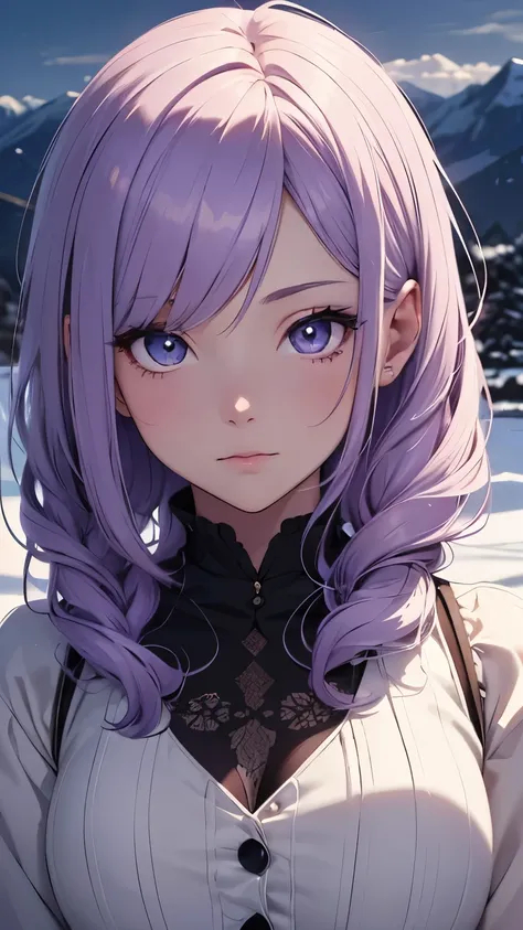 Anime girl character with flowing soft purple hair, and wearing a dress, with a background winter (best quality:1.1), (masterpiece:1.2), high quality shadow, beautiful detailed, (high detailed skin, skin details), (wide_landscape, 8k), beautiful face, deta...