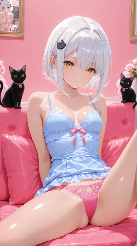 Koneko toujou is a petite girl with white hair and gold eyes. The front of her hair has two long bangs going past her shoulders and several loose bangs hanging over her forehead, while the back has a short bob cut. She also wears a black cat-shaped hair cl...