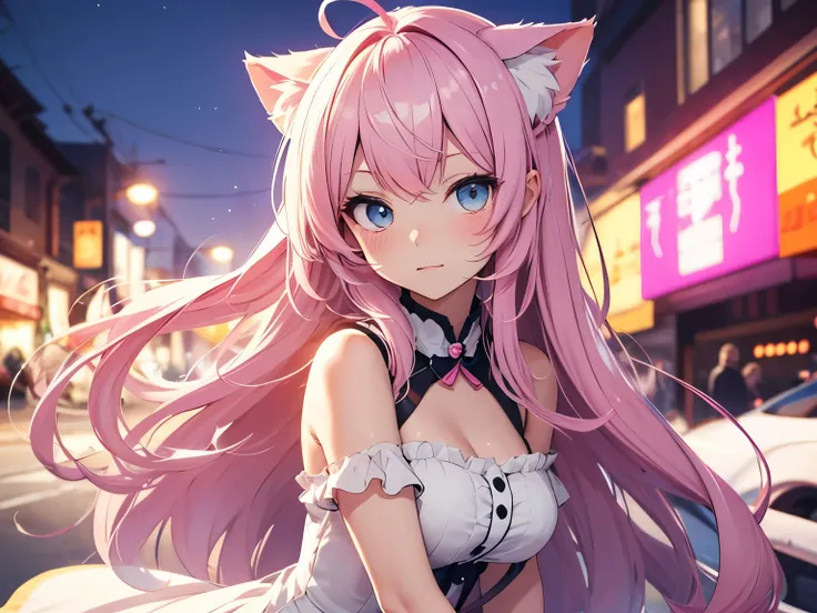 Anime girl character with flowing soft pink hair, with cat ears and wearing a dress, with a background