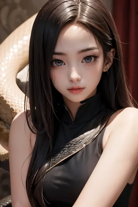 Photo of A beautiful girl, Dark hair.
Piercing eyes.
White skin.
Snake.
Enigmatic gaze.
Elegant posture.
Shimmering scales.
Deep silence.
Mysterious aura., (masterpiece, best quality:1.2), background, bokeh, Depth of field, 4k, whimsical 