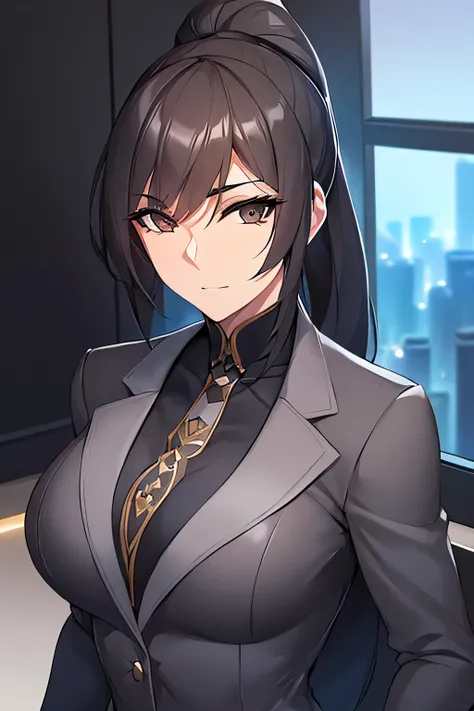 A highly detailed portrait of a tall, muscular Mexican woman with tan skin and sharp, cold gray-brown eyes. She wears a sleek black pantsuit with a white shirt and black tie, paired with black heeled boots. Her black hair is tied back into a short ponytail...