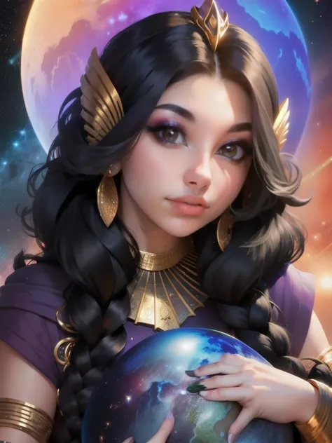  a woman with a black hair and a purple dress, digital art by Tony Szczudlo, reddit, afrofuturism, cosmic goddess, cosmic girl, galactic sized goddess, goddess of space and time, goddess of galaxies, portrait of a cosmic goddess, celestial goddess, lunar g...