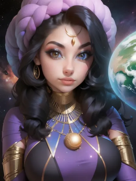  a woman with a black hair and a purple dress, digital art by Tony Szczudlo, reddit, afrofuturism, cosmic goddess, cosmic girl, galactic sized goddess, goddess of space and time, goddess of galaxies, portrait of a cosmic goddess, celestial goddess, lunar g...