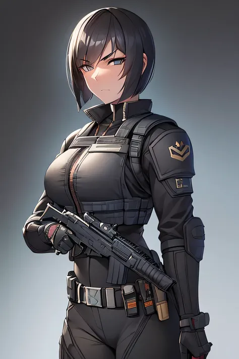 A highly detailed portrait of a muscular Mexican female operative with short bob-cut hair, wearing a black tactical combat suit with a bulletproof vest and utility belt. Her piercing gray eyes convey cold determination, and her tanned skin contrasts sharpl...