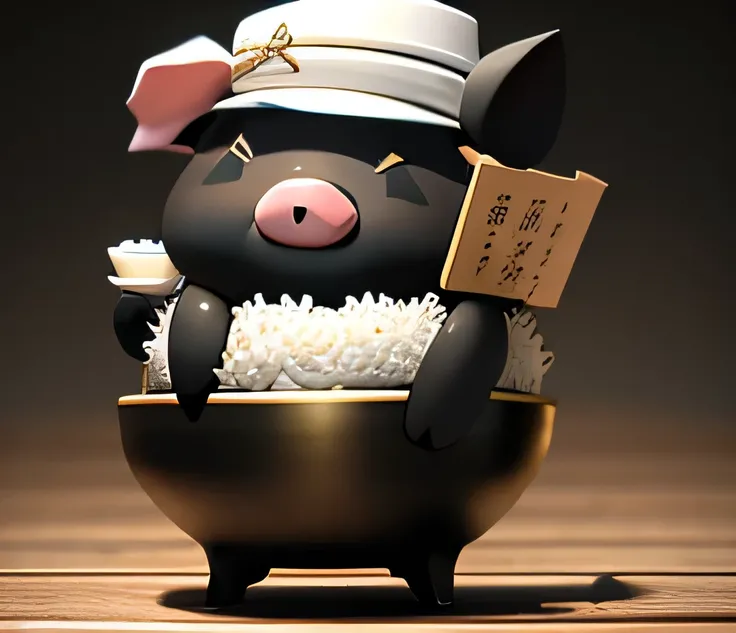 Make a pig a cute, healing anime-like character
I want it to be black to look like it's on a rice bowl。
