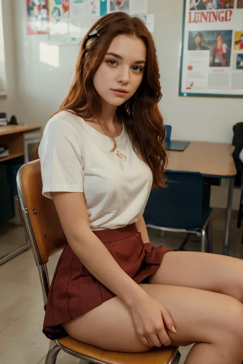 a beautiful young redhead highschool girl,cute detailed face,snub nose,big expressive eyes,wavy red hair,wearing a short skirt,sitting on a chair and spreading her legs,photorealistic,highly detailed,cinematic lighting,vibrant colors,soft focused backgroun...