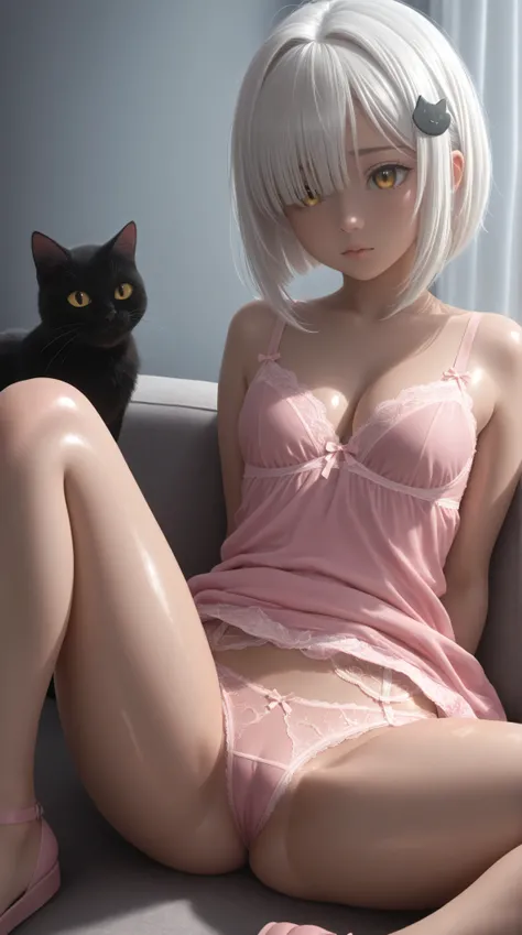 Koneko toujou is a petite girl with white hair and gold eyes. The front of her hair has two long bangs going past her shoulders and several loose bangs hanging over her forehead, while the back has a short bob cut. She also wears a black cat-shaped hair cl...