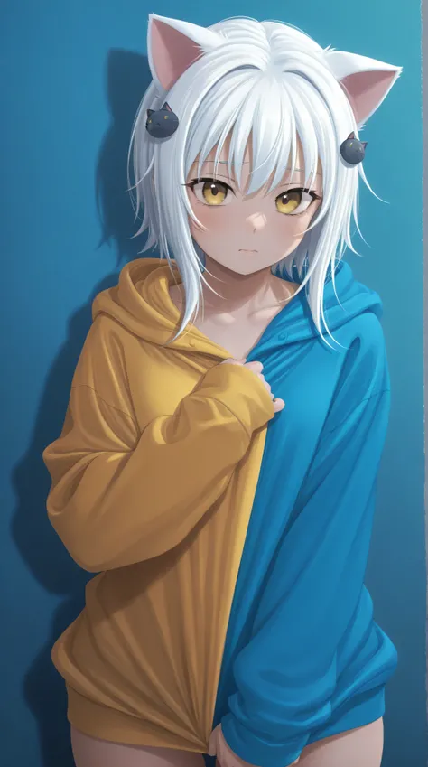 Kizi，koneko toujou, white hair, yellow eyes, Highly detailed, Amazing work，Vitreous luster,((clean backdrop))，In yellow，(((blue colors)))，white color，yellow colour，Best quality at best，clean backdrop