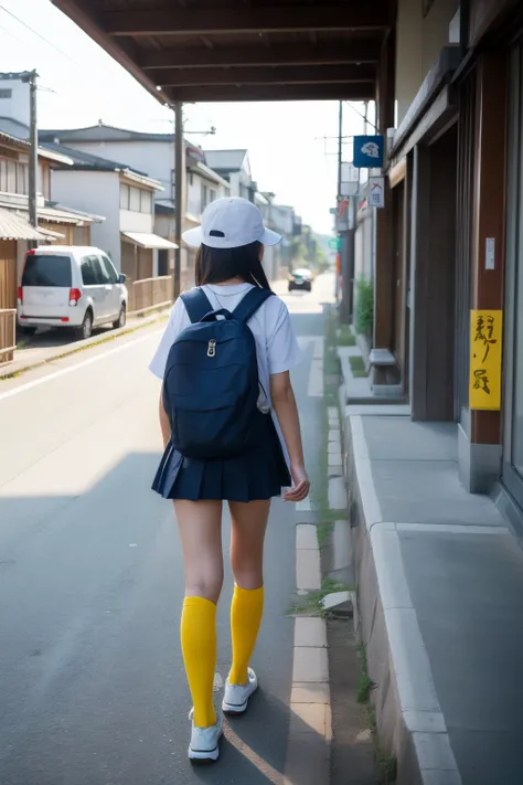  in ultra high quality, sharp outline, depth of coverage,Elementary school students walking along a Japanese rural road, dark blue pleated miniskirt , suspenders , red backpack,yellow metro hat and white shirt, navy blue high socks,long socks and white sne...