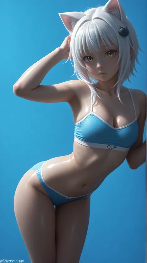 Kizi，koneko toujou, white hair, yellow eyes, Highly detailed, Amazing work，Vitreous luster,((clean backdrop))，In yellow，(((blue colors)))，white color，yellow colour，Best quality at best，clean backdrop, small breasts, cleavage, shiny skin, 