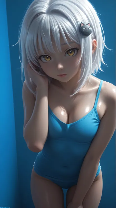 Kizi，koneko toujou, white hair, yellow eyes, Highly detailed, Amazing work，Vitreous luster,((clean backdrop))，In yellow，(((blue colors)))，white color，yellow colour，Best quality at best，clean backdrop, small breasts, cleavage, shiny skin, 