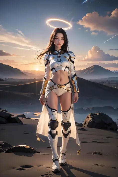 ((masterpiece, best quality, extremely detailed), volumetric lighting, ambient occlusion, colorful, glowing), 1girl, solo, young girl, (dark hair), long hair, halo, aura, sacred, goddess, cleric suit, (white outfit with gold detailst:1.3), armor, outdoors,...