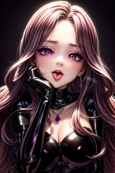 tongue out, open mouth, under , bratty girl, shiny latex, gloves, highlighted eyes with eyeliner, false eyelashes, soft shadows, light makeup, blushed