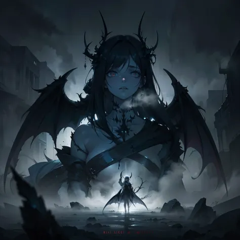 "A majestic human figure with long, demonic black wings stands gracefully in a foggy, ethereal atmosphere. The mist swirls around them, creating a dreamlike, otherworldly setting. Their wings are hard, thorny and full of darkness  radiating a darkness that...