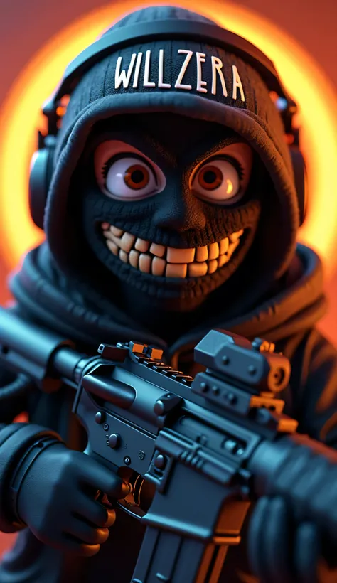  An animated face wearing a black gamer-style mask and wearing headphones and written name "Willzera" carrying an m416 gun for the Counter Strike logo
