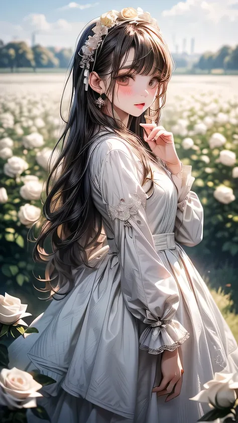 (一个 Standing in a field of white roses 的韩国人 ,   whole body、Standing in a field of white roses  ,  Lolita Fashion, Gray Hair, ,I'm wearing an emo suit  , LP/、ong eyelashes, Pink Mouth,  , Gloss, , Put your hands in your hair .