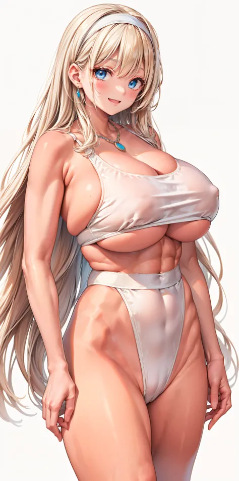  Masterpiece、  HD、  kind smile、 Laughing Mouth 、(ビキニアーマー:1.5)、( satin high cut panties、satin high waisted panties)、 blue eyes、、  blond、 long hair、  White headband、  necklace、  abs、( big breasts:1.7)
