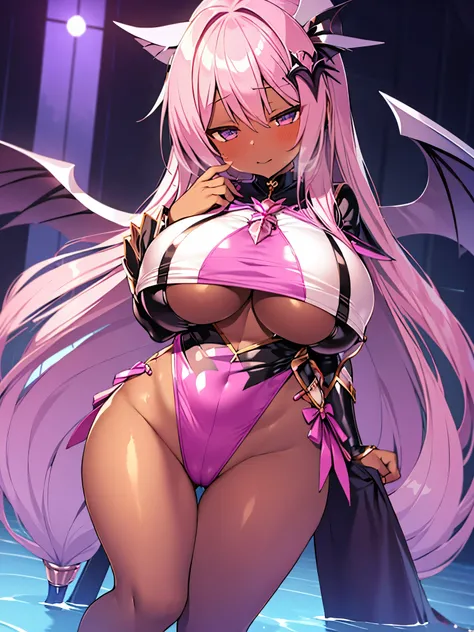 ((dark skin))masterpiece, best quality, hyper detailed, exquisite, beautiful,((One person)), semi-long hair, thick legs, lustful face,(gigantic sagging boobs:1.25), Magic Girl. pink hair with crotch. magic wand on water.dark skin..Baby Face,The height is 1...