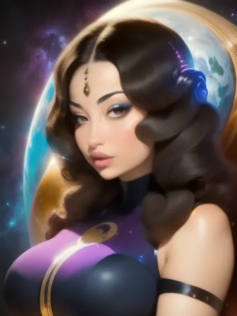 a close up of a woman with a black hair and a purple dress, cosmic goddess, cosmic girl, galactic sized goddess, goddess of space and time, goddess of galaxies, portrait of a cosmic goddess, celestial goddess, lunar goddess, earth goddess mythology, full f...