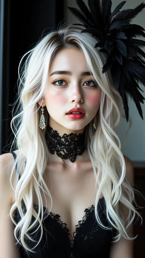 8k, masterpiece, highest quality, Korea's Beautiful Women, Close-up, Platinum blonde hair, dramatic black feather headdress, red lipstick, dark eye makeup, black lace choker, low-cut black dress, pale skin, elegant earrings, monochrome background,