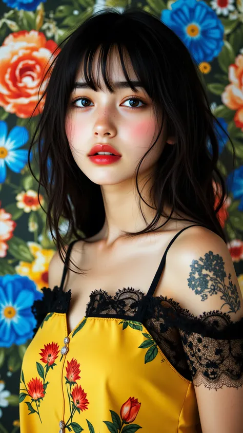 8k, masterpiece, highest quality, Korea's Beautiful Women, Red lips, black bangs, shoulder tattoos, yellow and black dresses, vibrant flower backgrounds, blue roses, colorful flowers, high contrast, vivid colors