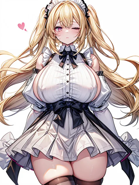 (One girl)、medium length hair、(sidelock)、((Blonde))、(slan eyes)、（boyish）、cute、(Big breasts:1.4)、((Chubby))、Maid、No sleeve、mini skirt、White sleeveless、thigh-high socks thighhighs、(long gloves)、hairs between eyes、(coarse hair)、[flipped hair]、pink eye、express...