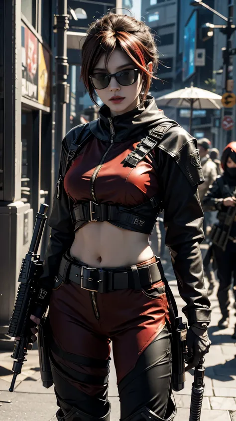 8K, UHD, masterpiece, 1 girl, detailed face, smart face, ((sunglasses)), detailed eyes, sniper rifle in hand, battleroyle, call of duty cosplay, call of duty modern warfare 3, ((ghost tribe)), ((red cosplay:1.5)), ((waist)), belts, gun, methic gun, futuris...