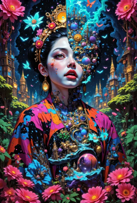 An abstract surrealist artwork that combines chaotic glitch effects with distorted imagery, featuring the dynamic pose of a dark geisha-themed girl. Part of his face is open, revealing a complex view of the kingdom's eerie nighttime landscape with real cre...