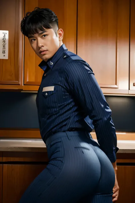 40-year-old boy ,Korean bulky male officer ,Wear navy blue police uniform shirt................ pinstripe navy blue smooth tight trouser, transparent pants obvious underwear print ,((unrealistic super big tight butt wearing pants)), legs wide open, legs on...