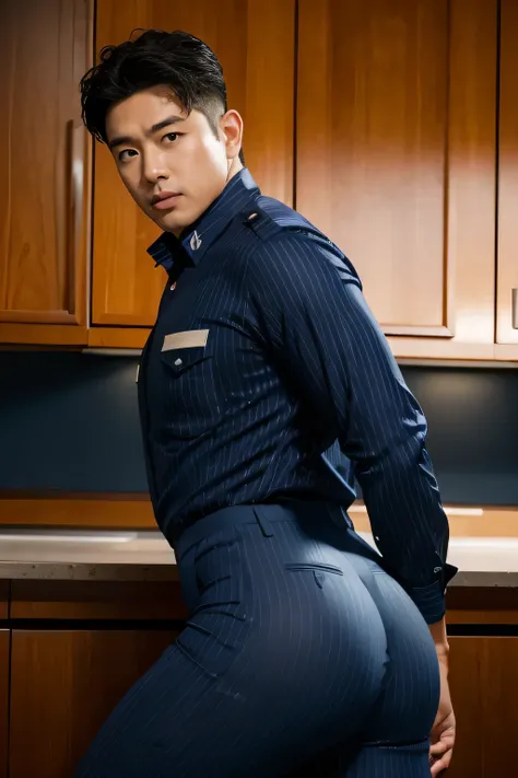 40-year-old boy ,Korean bulky male officer ,Wear navy blue police uniform shirt................ pinstripe navy blue smooth tight trouser, transparent pants obvious underwear print ,((unrealistic super big tight butt wearing pants)), legs wide open, legs on...