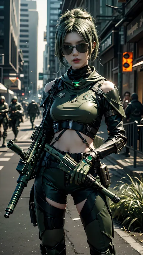 8K, UHD, masterpiece, 1 girl, detailed face, smart face, ((sunglasses)), detailed eyes, sniper rifle in hand, battleroyal, call of duty cosplay, call of duty modern warfare 3, ((ghost tribe)), ((metal green cosplay:1.5)), ((bare thigh)), belts, gun, methic...