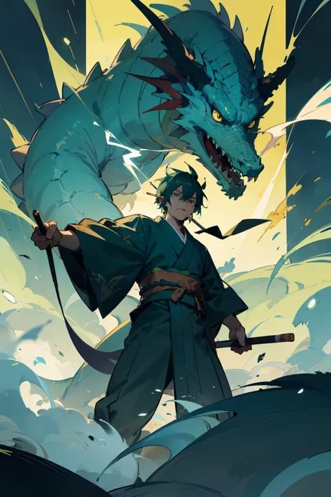 Make a character and dragon dominated by black and green colors where the character wears a kimono and holds a cigarette in his hand and has lightning in his eyes and make the character rush to the front and there is a dragon behind