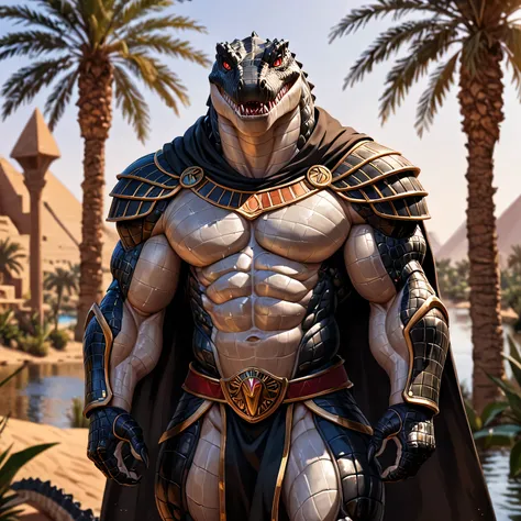 solo, male, humanoid, crocodile, ultra details, ultra detailed muscles, black scales, white belly, black claws, muscular, sexy, handsome, ultra detailed red iris and black pupil slit eyes, ultra detailed teeth, pecs, hind legs, tail, Masterpiece, by null-g...