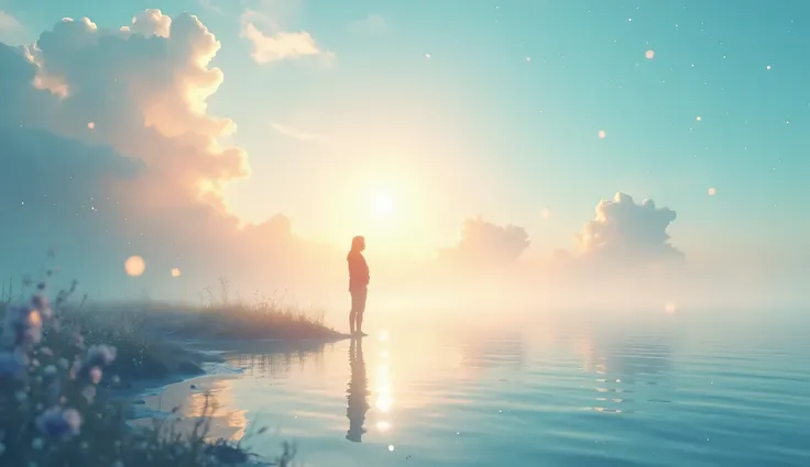 A serene, ethereal and bright image that represents the peacefulness and balance discussed in the conversation. The image should feature a calm, tranquil landscape with soft light and dream-like elements such as gentle clouds, glowing particles, and a peac...