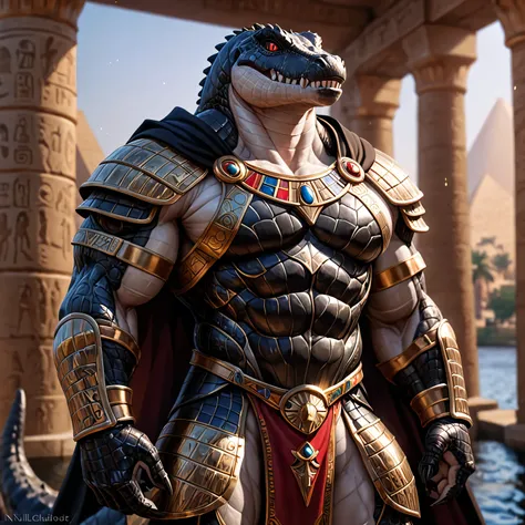 solo, male, humanoid, short snout alligator, ultra details, ultra detailed muscles, black scales, white belly, black claws, muscular, sexy, handsome, ultra detailed red iris and black pupil slit eyes, ultra detailed teeth, pecs, hind legs, tail, Masterpiec...