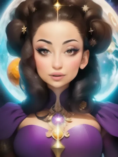 a close up of a woman with a black hair and a purple dress, digital art by Tony Szczudlo, reddit, afrofuturism, cosmic goddess, cosmic girl, galactic sized goddess, goddess of space and time, goddess of galaxies, portrait of a cosmic goddess, celestial god...