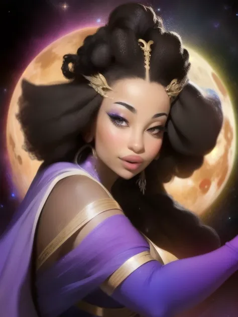 a close up of a woman with a black hair and a purple dress, digital art by Tony Szczudlo, reddit, afrofuturism, cosmic goddess, cosmic girl, galactic sized goddess, goddess of space and time, goddess of galaxies, portrait of a cosmic goddess, celestial god...