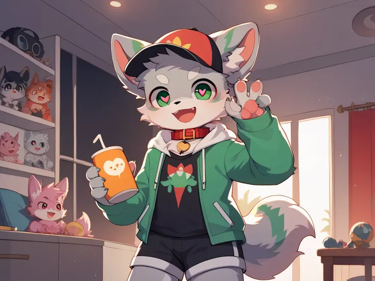 very detaneda, very detained, gray nair with piue
fur,, male, 骨を見てExcited, Heart Eyes, participat e, Red collar, Green-white and colored hat, cute f ace, fluffy fur like one, Excited, Horny boy, Beaut iful room, ren&#39;s room, Smiling face, Droppe d ears,...