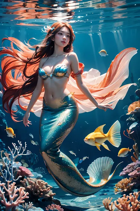 Best quality,4K,8K,A high resolution,Masterpiece:1.2,Ultra-detailed,Realistic:1.37,Vast seabed,(depth of fields),(long and flowing hair,Elegant mermaid,coda,Seamless integration),Ethereal beauty,peacful,Masterpiece:1.2,tropical fishes,Floating jellyfish,Co...