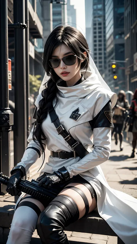 8K, UHD, masterpiece, 1 girl, detailed face, smart face, ((sunglasses)), detailed eyes, sniper rifle in hand, battleroyal, call of duty cosplay, call of duty modern warfare 3, ((ghost tribe)), ((white and black cosplay:1.5)), ((bare thigh)), belts, gun, me...