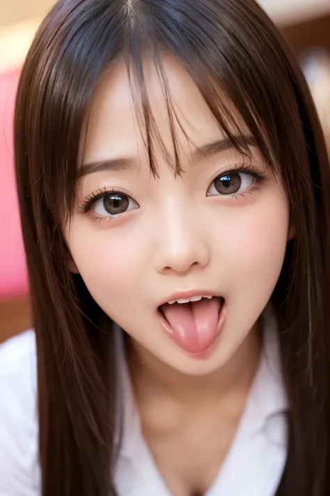  HD、 real 、 cute face, cute face、 beautiful girl、 beautiful woman,The chest, 可愛い beautiful girl、A cute high school girl who sticks out her tongue、very very long tongue pussy、sticking out very long tongue,up face,cute hentai ero face ,face close-up、 Symmetr...