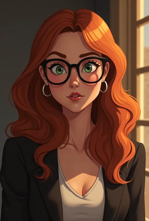 Darker Reddish brown blonde long hair, woman, glasses, animated