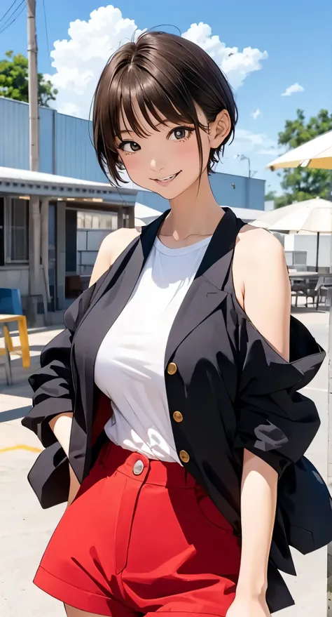   animated illustration 、 top quality、A short and smart high school student、 short hair、 hotpants、sandy beach、 perfect balance、((Shrapnel))、((( Overwhelmingly Big Breasts )))、 beautiful,  Eyeliner、 blushed、smile、 high angle、