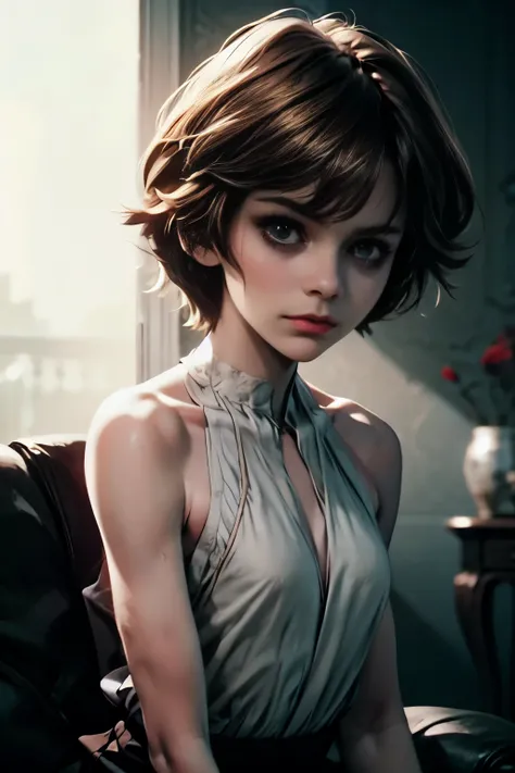 a young girl, half body shot, very small breasts, flat chested, runners skinny body, (best quality:1.2) , (masterpiece:1.1), ultra detailed, photorealism, upper body, (looking at viewer:1.1), (night, dark living room:1.2), short hair, atmospheric lighting,...