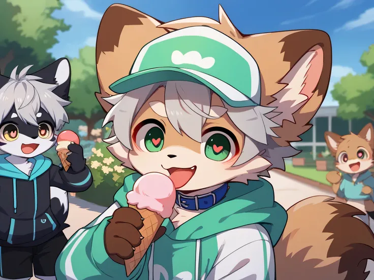  very detailedな, very detailed, brown fur gray hair ,Age 15、male,骨を見てExcited, heart eyes,participate,Blue collar, green white and colored hat, cute face, fluffy fur like one,Excited, Horny boy,garden,Smiling face,Droopy ears lick ice cream ,Want, black sho...