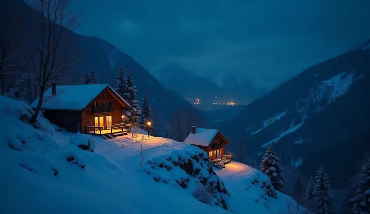 It&#39;s a dark night. A winter night scene in a mountainous region .  at the top of the mountain,  you can see several small elegant houses covered in snow .  The warm glow of the window lights suggests a cozy atmosphere inside,  that contrasts with the c...