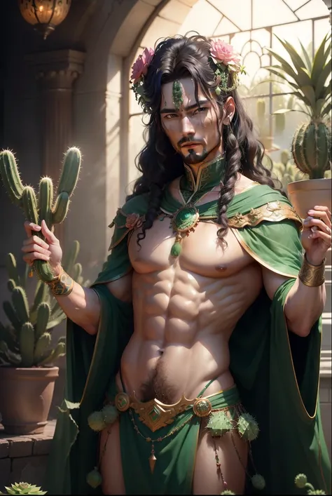 
(8k,    photorealistic RAW photograph Maximum quality   ; 1,4) (1 Korean)   King of the Underworld super handsome   (  realistic face  ) (  hair with green cactus flowers   , Curly hair short in the wind )   slender body Big eyes   , muscular and sexist  ...