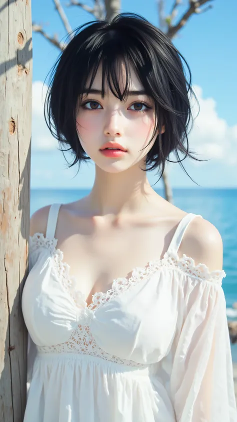 8k, masterpiece, highest quality, Korea's Beautiful Women, Short black hair, delicate features, white lace dress, simple wooden structure, sea background, blue sky with fluffy clouds, soft lighting, high detail,